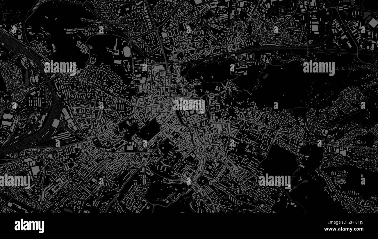 Schwarzgraue Vektorkarte der Stadt Lemberg im Hintergrund, Straßenkartografie und Wasserkartografie in Lemberg. Breitbildformat, Roadmap für digitales Flachdesign. Stock Vektor