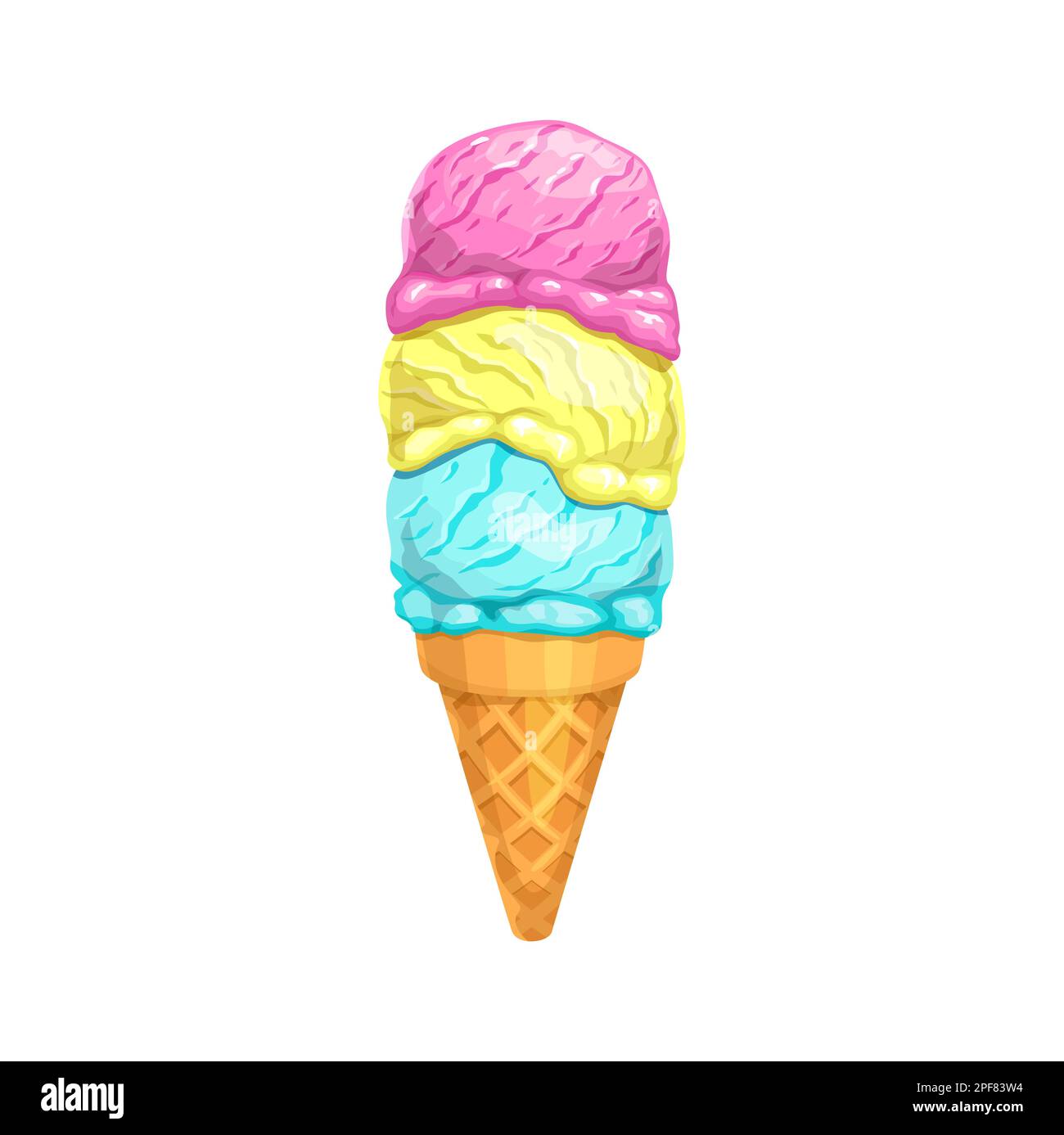 Cartoon-Eiskrem mit drei Schaufeln, Vektoressen und Sommerdessert. Dreifache Schaufel Eiscreme, Eis oder gefrorener Joghurt mit Erdbeere, Vanille und Stock Vektor