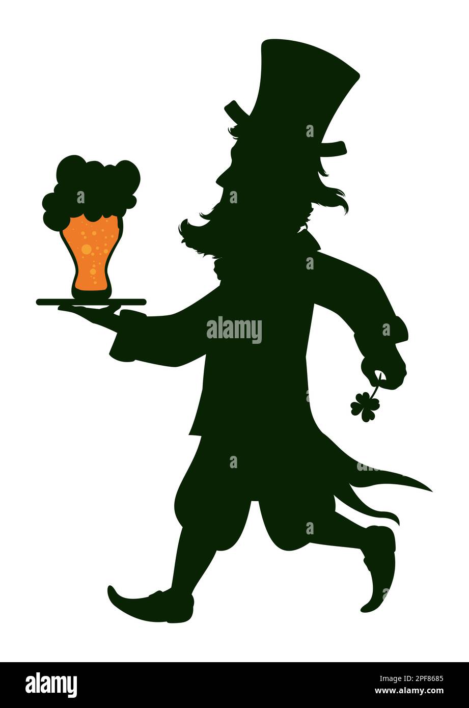 Kellner-Silhouette mit Leprechaun-Kostüm - Hut, Klee und Bart - Tragen eines Tabletts mit einem schaumigen Pilsner-Bierglas. Stock Vektor