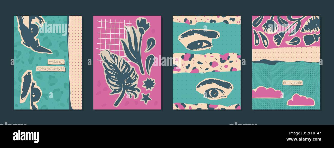 Set abstrakter Poster in Rosa und Türkis. Blumenmuster, emotionale Augen, verschiedene abstrakte Formen in den Kompositionen. Vektor Stock Vektor