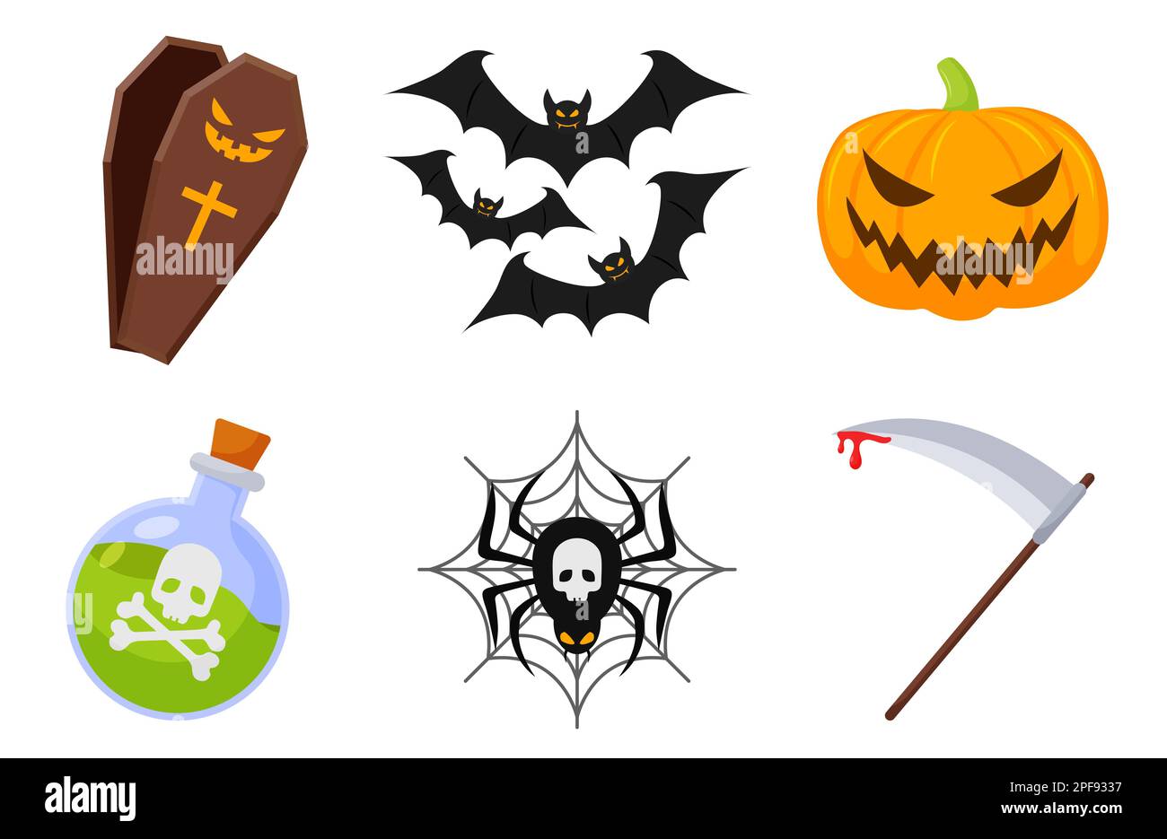 Halloween-Symbole Element Vektor mit Grabstein, Fledermaus, Kürbisspinne und anderen Hexensymbolen. Design-Element für traditionelle und kulturelle Feiertage CO Stockfoto