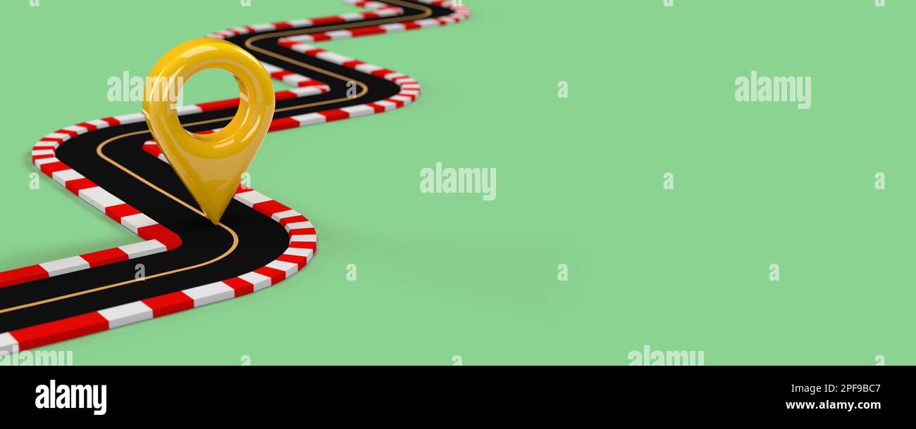 Kurvenreiche Straße mit Navigations-Pin-Zeiger Zielsuchsymbol auf grünem Hintergrund, kopieren Sie Leerzeichen.Wegbeschreibung App-Vorlage in 3D-Darstellungsdesign Stockfoto