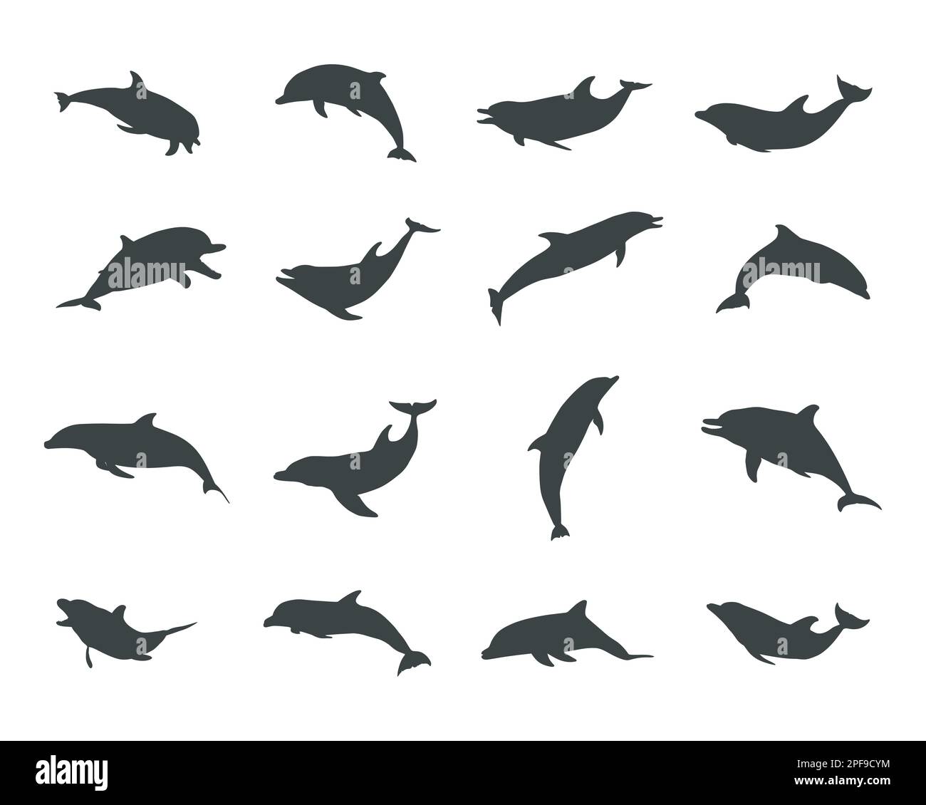 Silhouetten von Delfinen, Silhouetten von springenden Delfinen, Delfinvektor Stock Vektor