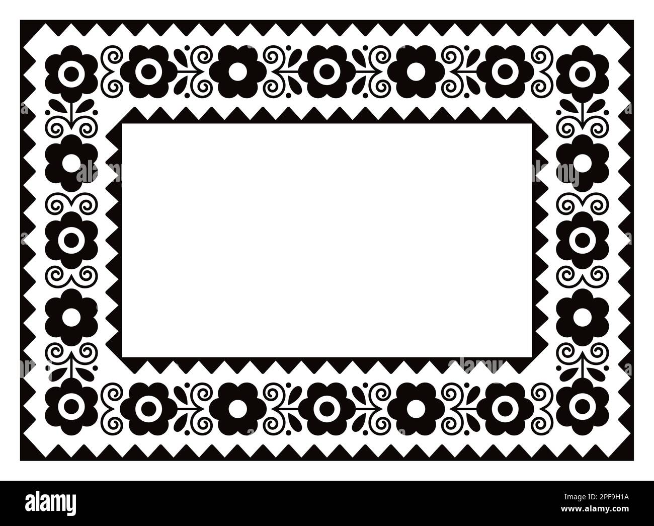 Das von polnischer Folk Art inspirierte quadratische Vektordesign eignet sich perfekt für Blumengrußkarten oder Hochzeitseinladungen in Schwarz-Weiß Stock Vektor