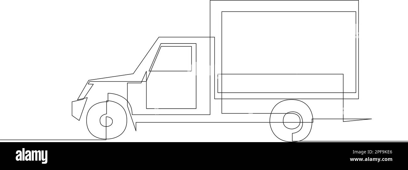 Durchgehende, einzeilige Zeichnung eines Lastkraftwagens mit schneller Lieferung, minimalistische Skizze eines Lastkraftwagens. Vektordarstellung Stock Vektor