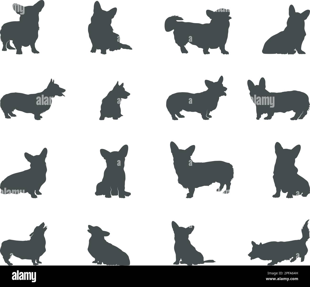 Corgi-Hundesilhouetten, Corgi-Hundetier-Silhouetten. Corgi-Silhouetten Stock Vektor