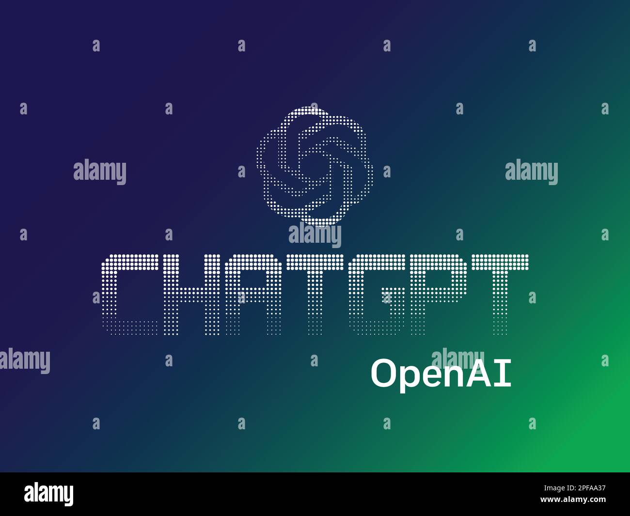 Logo „Chat gpt isoliert“. Gepunktete Darstellung des AI-Chatbot-Vektors auf blauem grünen Hintergrund. Textgenerator-ai-Chatbot-Logo Stock Vektor