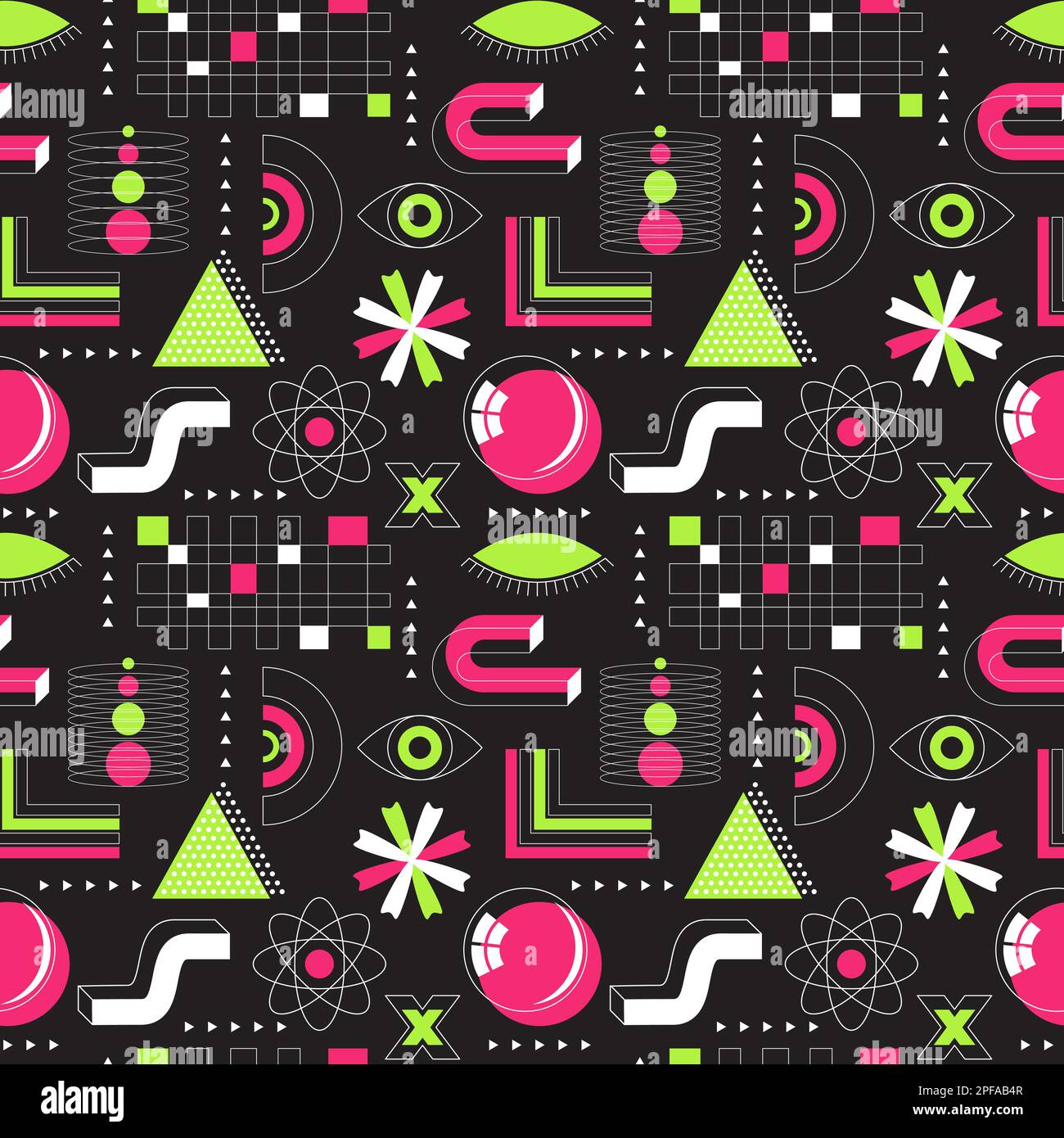 Leuchtendes pinkfarbenes und grünes Neon, saures, nahtloses Muster. Abstrakte geometrische Formen, fette, lineare Objekte. Brutalismus, Retro-Futurismus-Stil. Punkte, Dreiecke, Stock Vektor