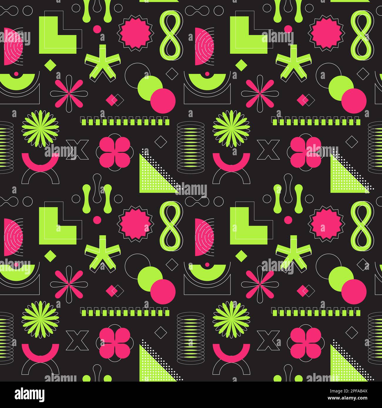 Leuchtendes pinkfarbenes und grünes Neon, saures, nahtloses Muster. Abstrakte geometrische Formen, fette, lineare Objekte. Brutalismus, Retro-Futurismus-Stil. Für Webdesign, Stock Vektor