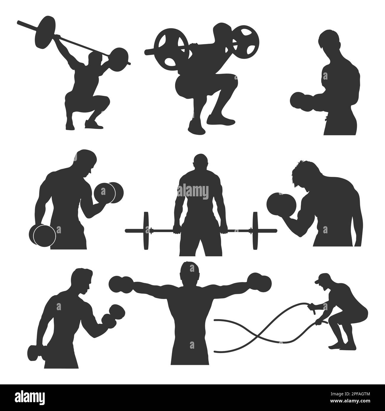 Fitness-Mann-Gym-Silhouetten, Training-Silhouetten in verschiedenen Posen Stock Vektor