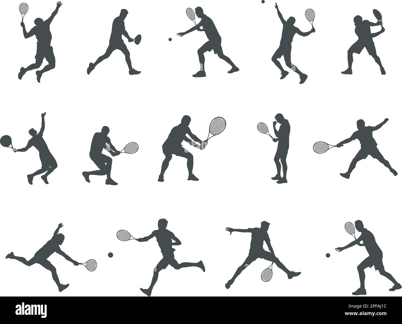 Silhouetten für männliche Tennisspieler, Silhouetten für Tennisspieler, Vektor für männliche Tennisspieler, SVG-Tennisspieler, Tennis-Silhouetten Stock Vektor