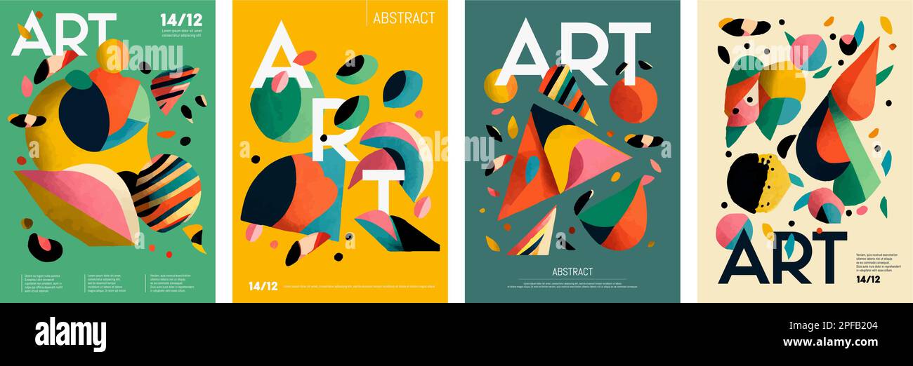 Sammlung von abstrakten Plakaten moderner Kunst. Set von geometrischen Formen und farbigen Punkten auf einem flachen farbigen Hintergrund. Flyer, Cover, Poster. Stock Vektor