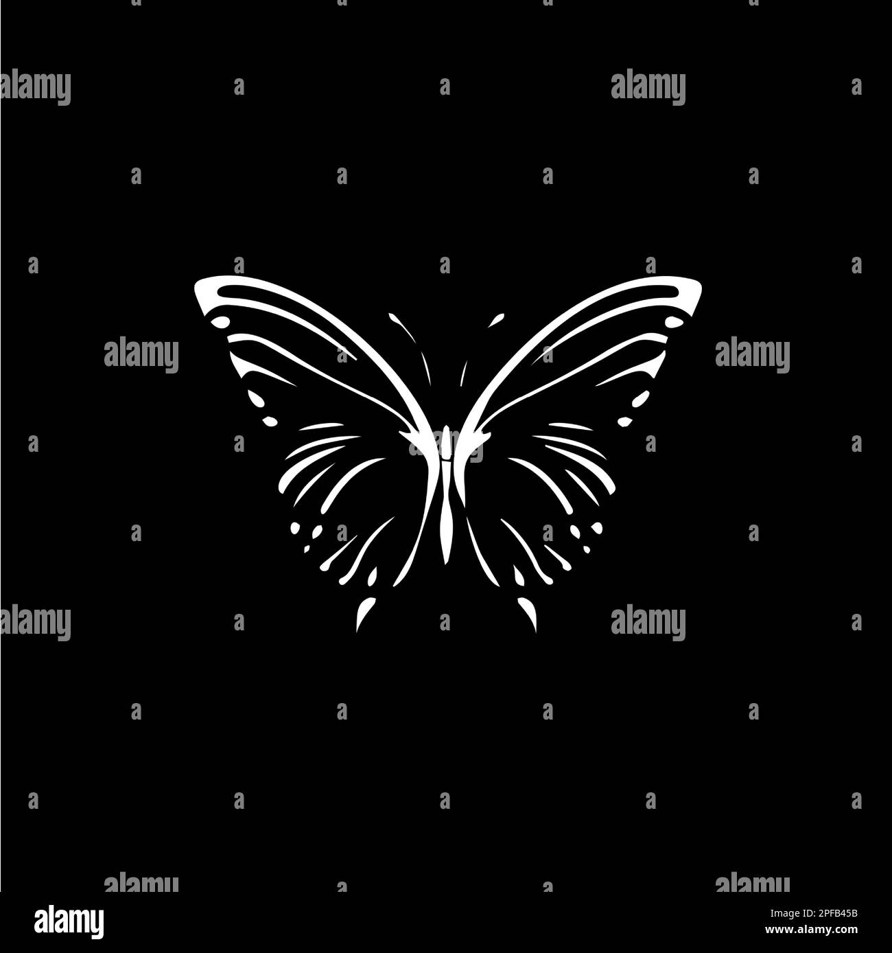 Tätowierung mit Schmetterlingsmuster und Punkten, Schattierung, Tätowierung mit Kleckern. Handzeichen für Fliegeninsekten auf schwarzem Hintergrund für BodyArt, minimalistische Skizze Stock Vektor