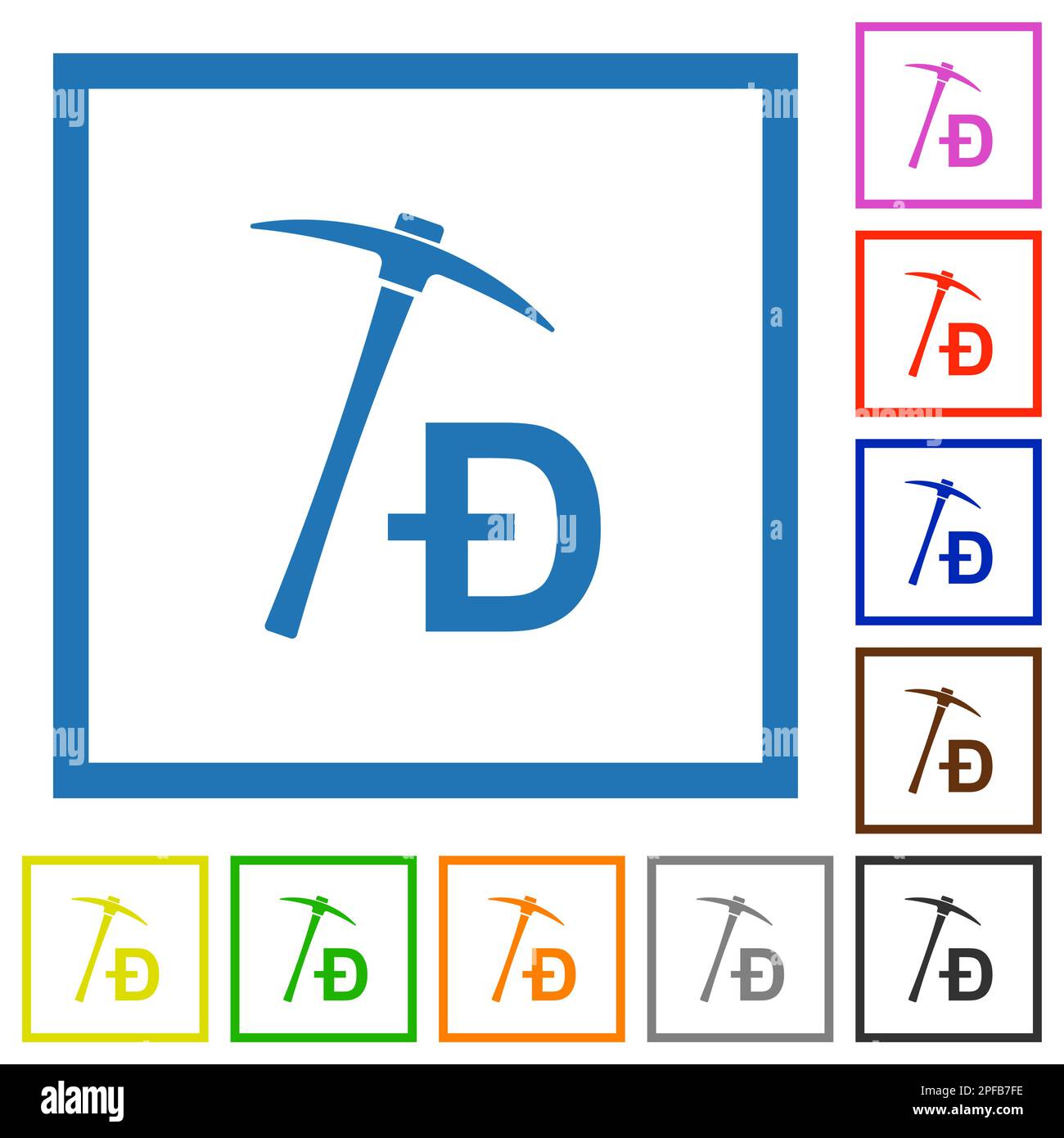 Dogecoin Kryptowährungsbergbau mit schatzflachen Farbsymbolen in quadratischen Rahmen auf weißem Hintergrund Stock Vektor