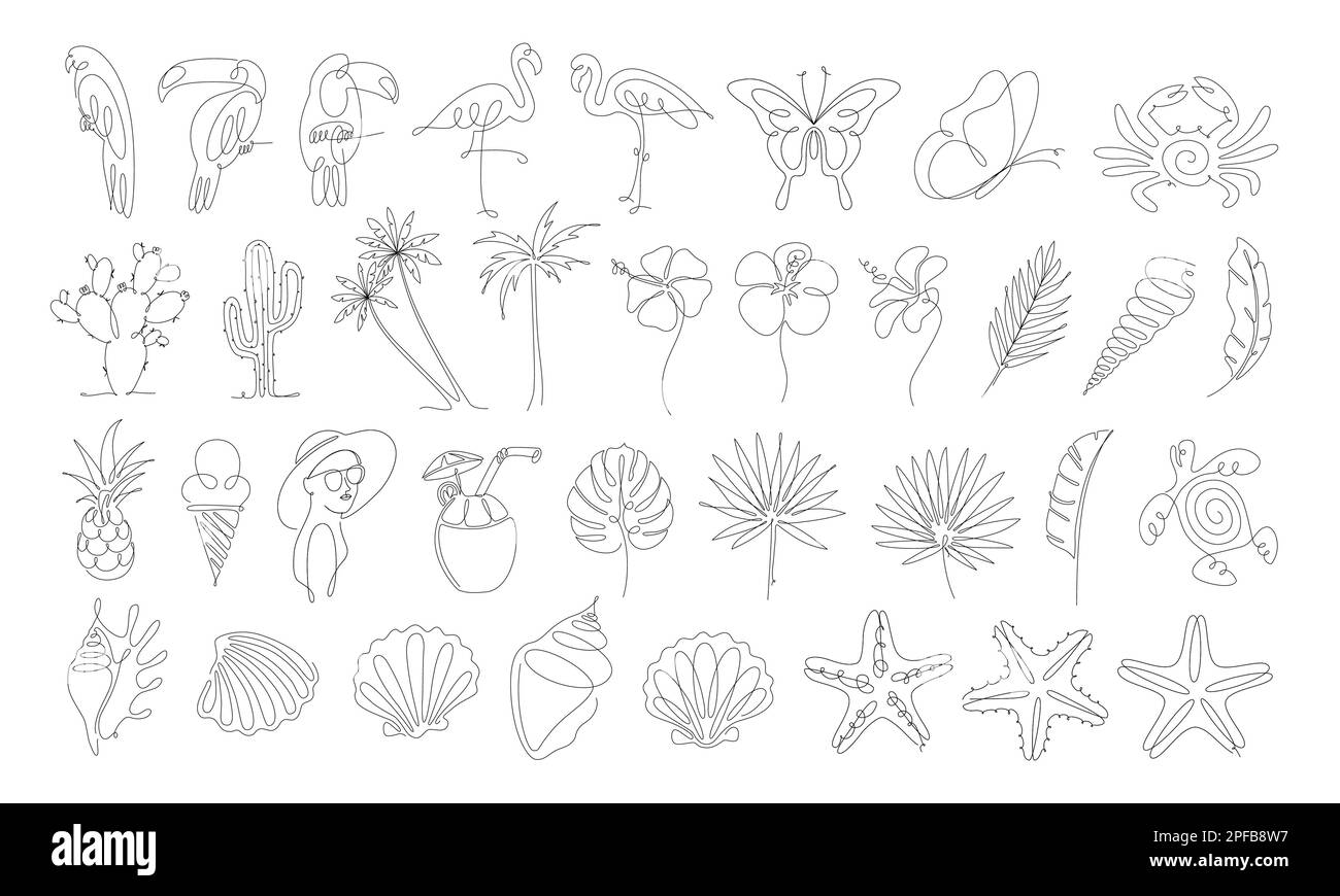 Vektorset für durchgehende Linienzeichnung von Sommerelementen. Einzeilige Grafik. Einzeilige Darstellung Stock Vektor