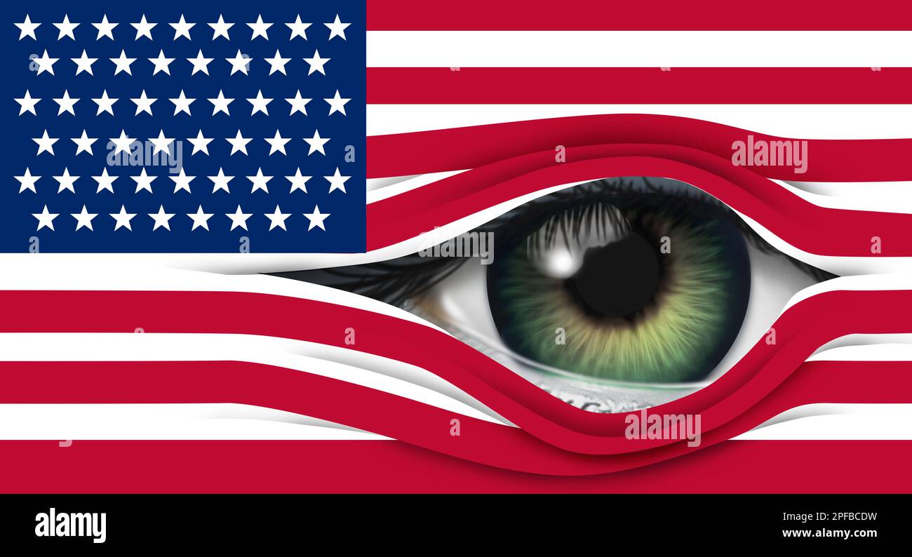 US-Überwachung und nationale Sicherheit der USA oder US-Datenschutzinvasion oder amerikanisches Geheimspionagekonzept als Flagge mit menschlichem Auge. Stockfoto