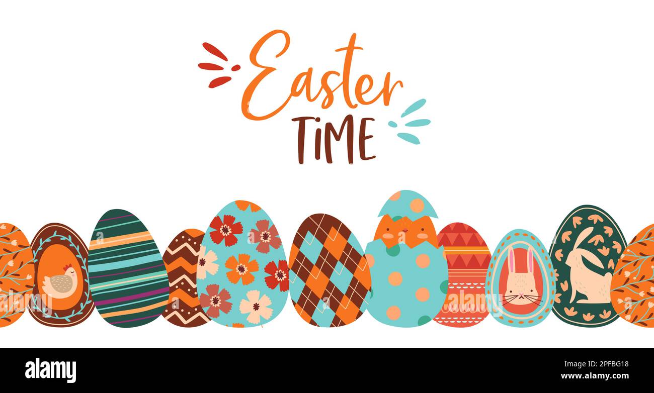 Happy Easter Time süßes Cartoon Webbanner Illustration von bunten pastellfarbenen Kanincheneiern. Frühlingssaison handgezeichnete Kritzeleien, Blumen, Häschen, Blätter, Stock Vektor