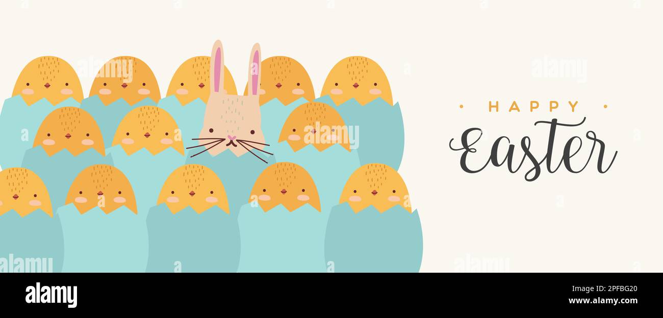 Eine Gruppe ostereier mit gelben Küken und einem Kaninchen, das im flachen Cartoon-Stil schlüpft. Lustiges Banner für die Frühlingssaison. Stock Vektor