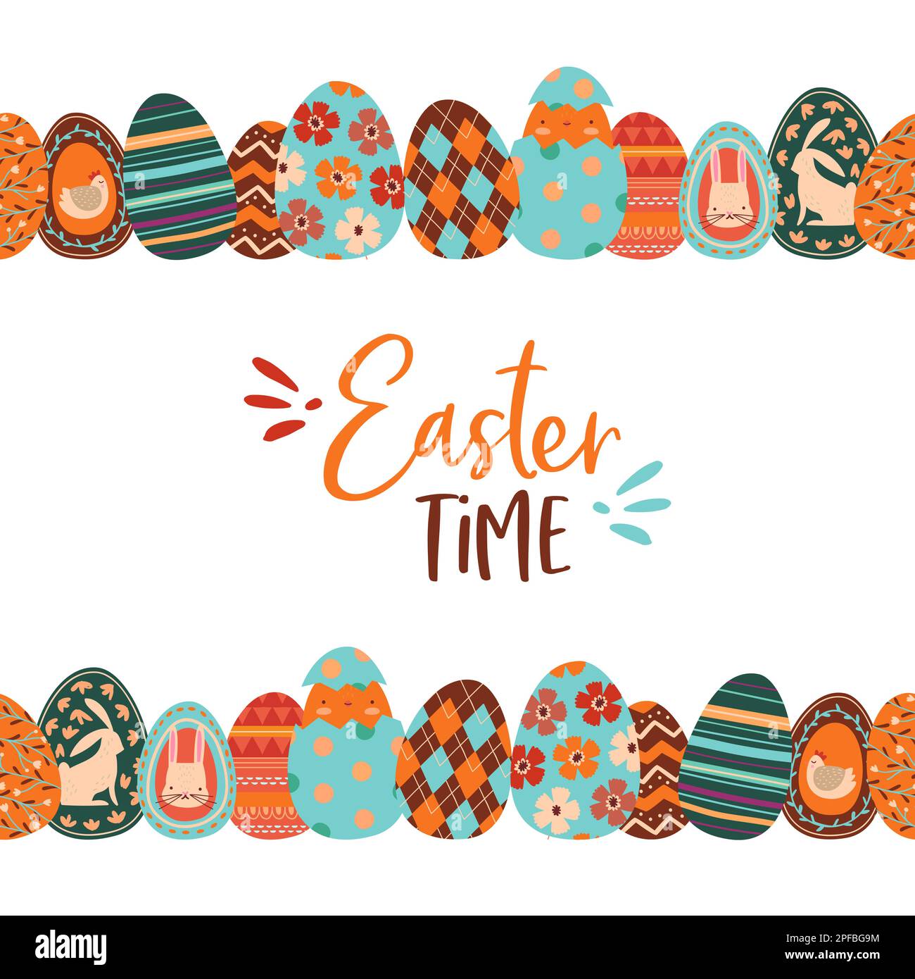 Fröhliche Ostern niedliche Zeichentrickkarte Illustration von bunten pastellfarbenen Kanincheneiern. Frühlingssaison handgezeichnete Kritzeleien, Blumen, folkloristischer dez Stock Vektor