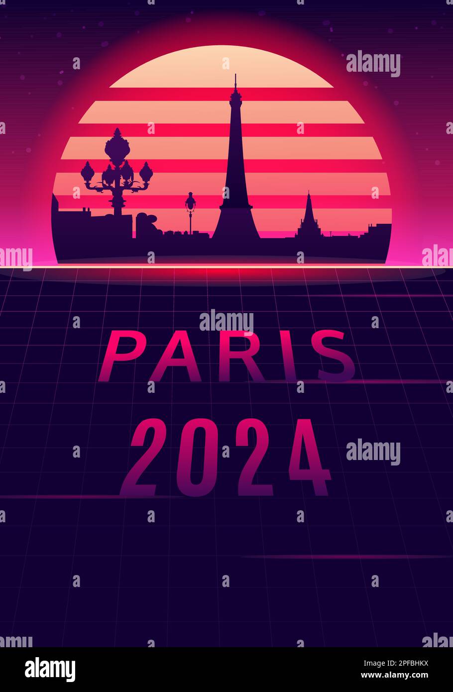 Silhouette von Paris 2024 mit Sonnenuntergang im Hintergrund. Vektordarstellung Stock Vektor
