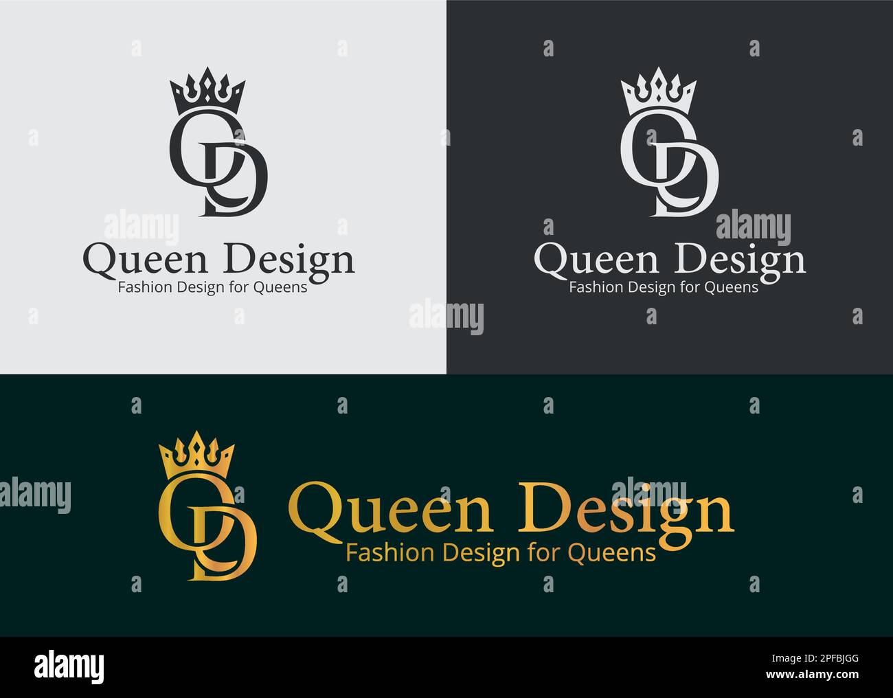 Queen-Design-Logo der Modemarke QD mit der Krone auf dem q Stock Vektor