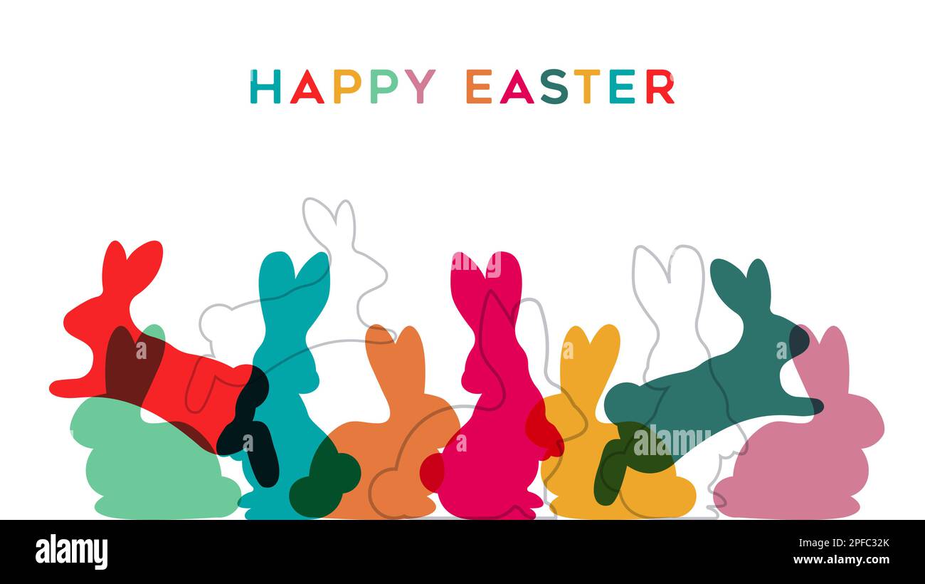 Abbildung einer Grußkarte zu Ostern mit verschiedenen Silhouetten von Kaninchen in transparenten, leuchtenden, flachen Farben auf isoliertem Hintergrund. Colorfu Stock Vektor