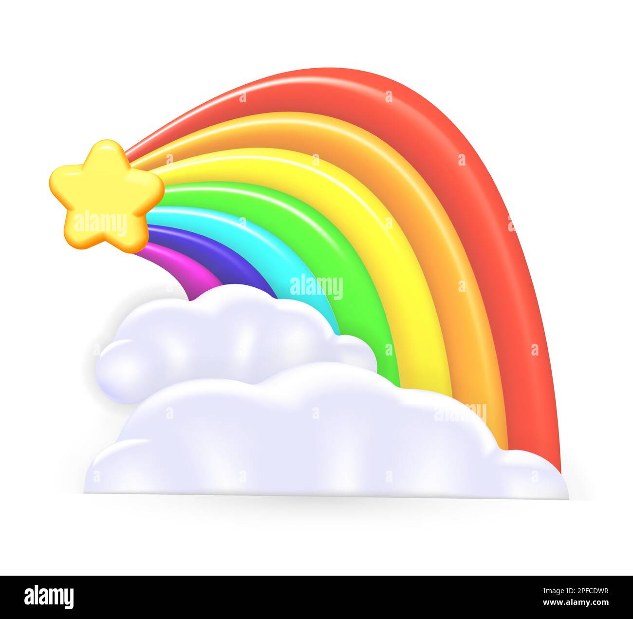 Stern mit Regenbogenbogen-Schwanz aus den Wolken. Symbol isoliert auf weißem Hintergrund. Fantasiesymbol des Glücks mit glänzendem 3D-Sterne-Stern und Regenbogen. Unterschreiben Sie für Educa Stock Vektor