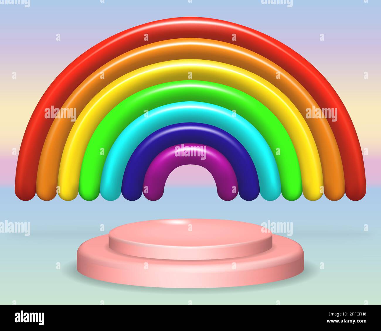 Pinkfarbenes Podium am blauen Himmel mit Regenbogenhintergrund. Kreative Ideen minimal. Für Produktpräsentationen oder Modellkonstruktionen. Realistisches 3D-Element für p Stock Vektor