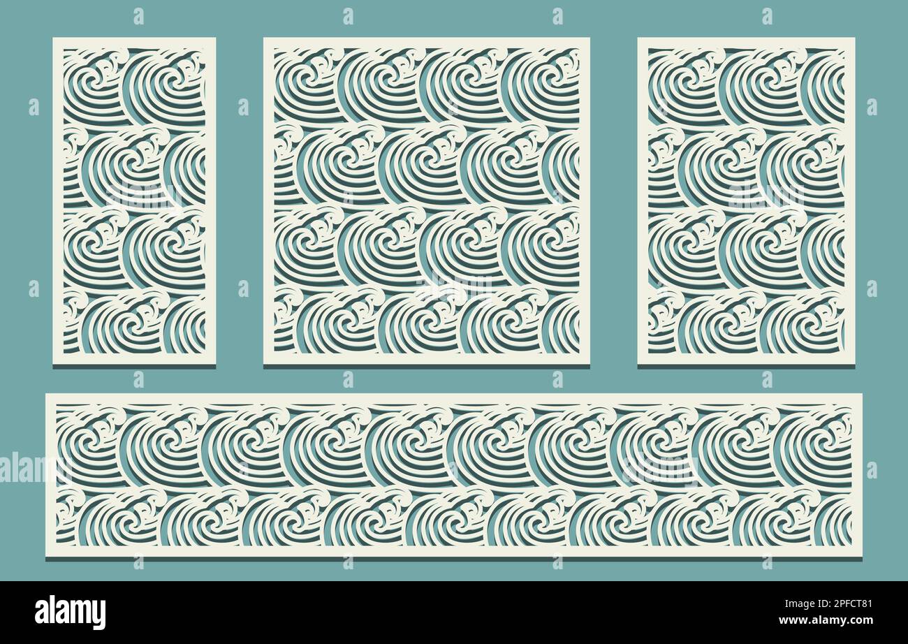 Panels Laserschneide-Set Ausschnittprofil mit Meereswellen asiatisches Motiv Gitter lasergeschnittene Schablone aus Holz Metall Acryl Innendekorationsverhältnis Stock Vektor