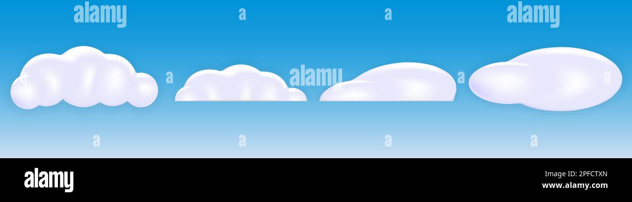 Cartoon 3D Wolken auf blauem Himmelshintergrund. Set aus verschiedenen weißen, flauschigen Wolkenformen für Spiele, Animationen, Web. Vektordarstellung Stock Vektor