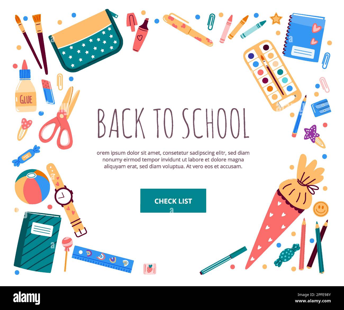 Quadratischer Rahmen mit Schreibwaren für die Schule. Vektorgrafik in flacher Ausführung Stock Vektor