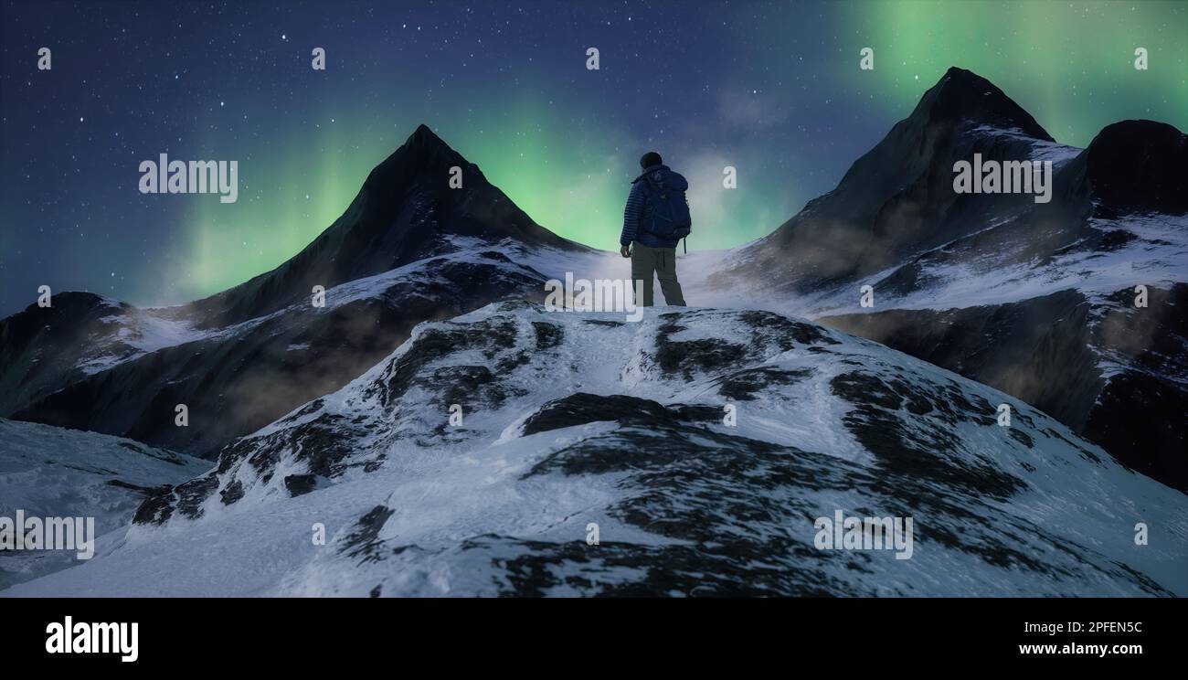 Adventure man auf dem Gipfel der Rocky Mountain Landscape. Naturhintergrund. Stockfoto
