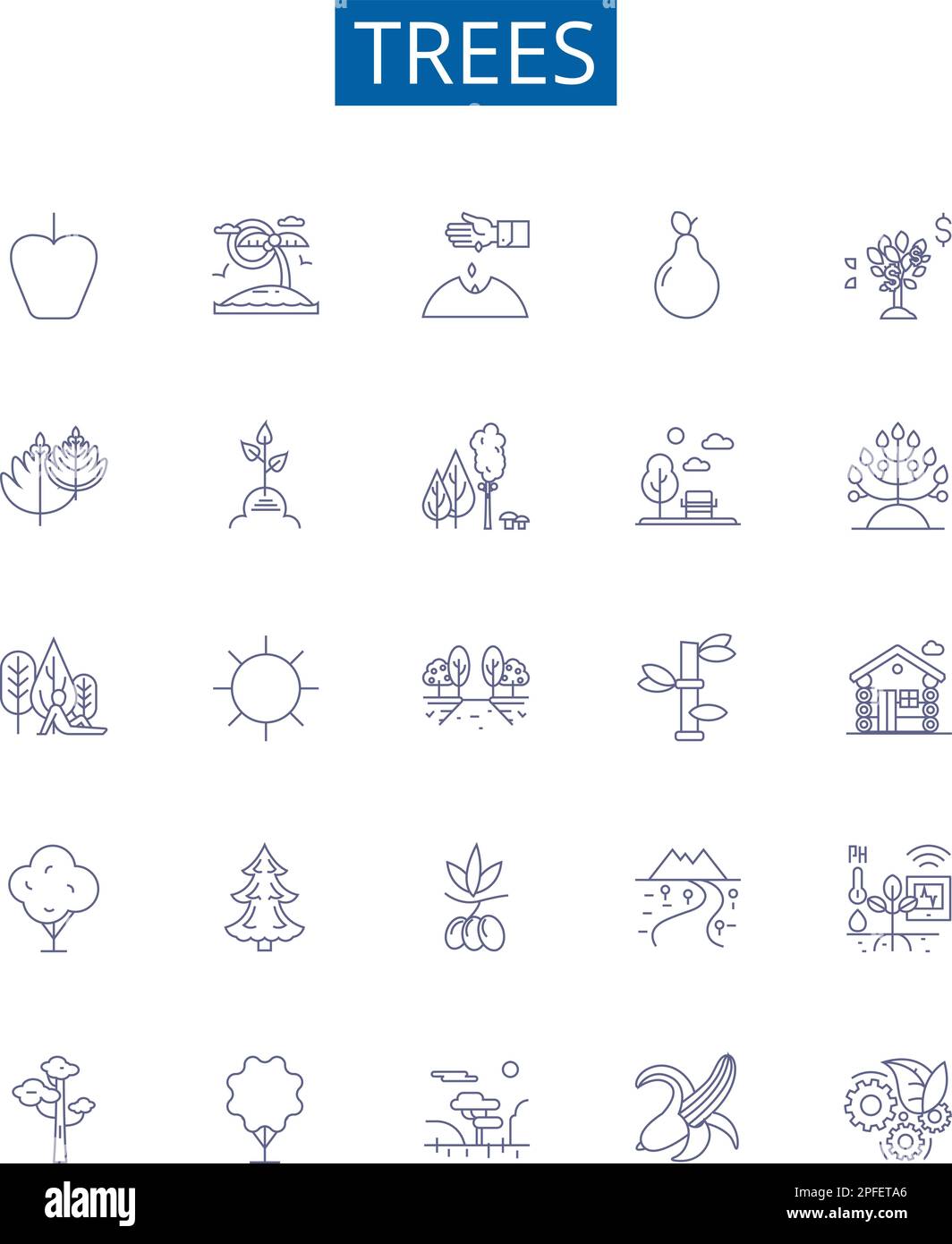 Symbole für Baumlinien sind eingestellt. Designkollektion aus Baum, Nadelholz, Holz, Kiefer, Eiche, Maple-, Palm-, Cedar-Kontur-Vektordarstellungen Stock Vektor