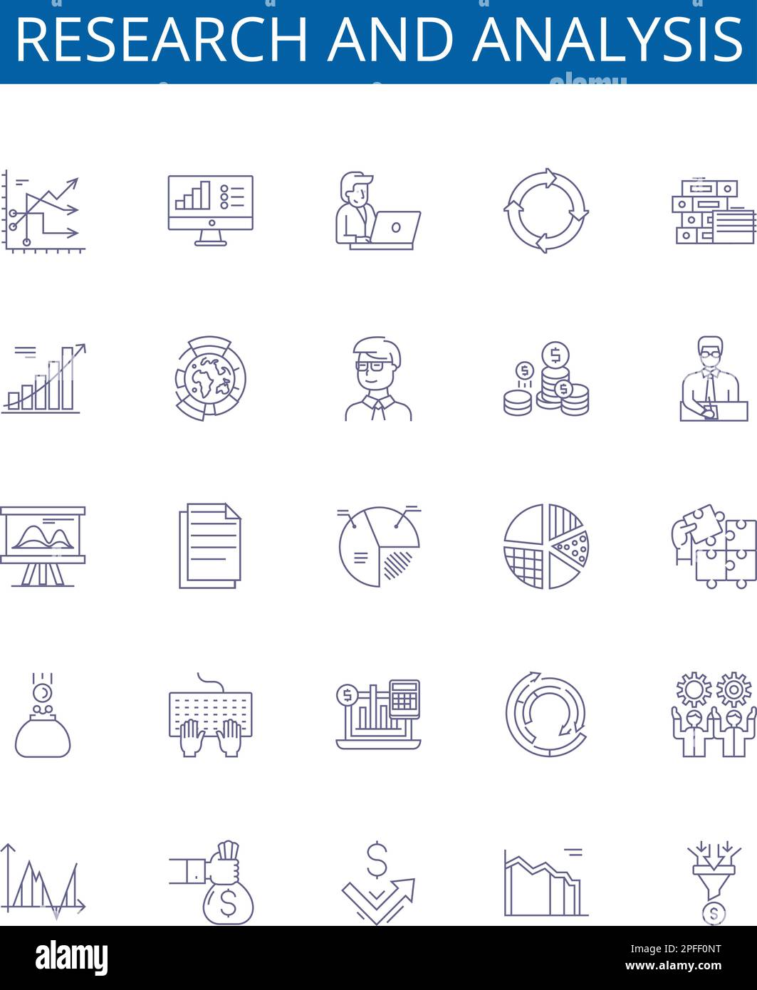 Symbole für Forschungs- und Analyselinien sind gesetzt. Design-Sammlung von Forschung, Analyse, Evaluieren, Bewerten, Vergleichen, Untersuchen, Bestimmen, Untersuchen Stock Vektor