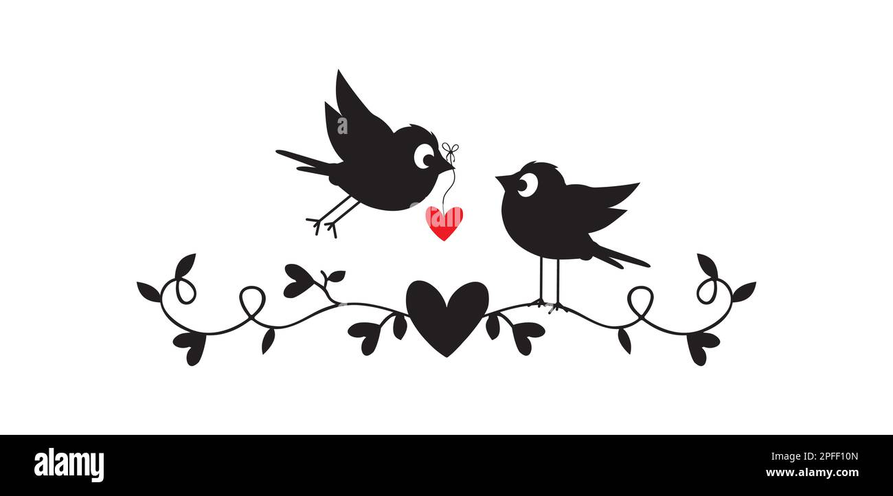 Vögel, zwei Silhouetten, Vektor. Ein Vogel, der ein Herz hält. Eine romantische, süße Zeichentrickfigur. Stock Vektor
