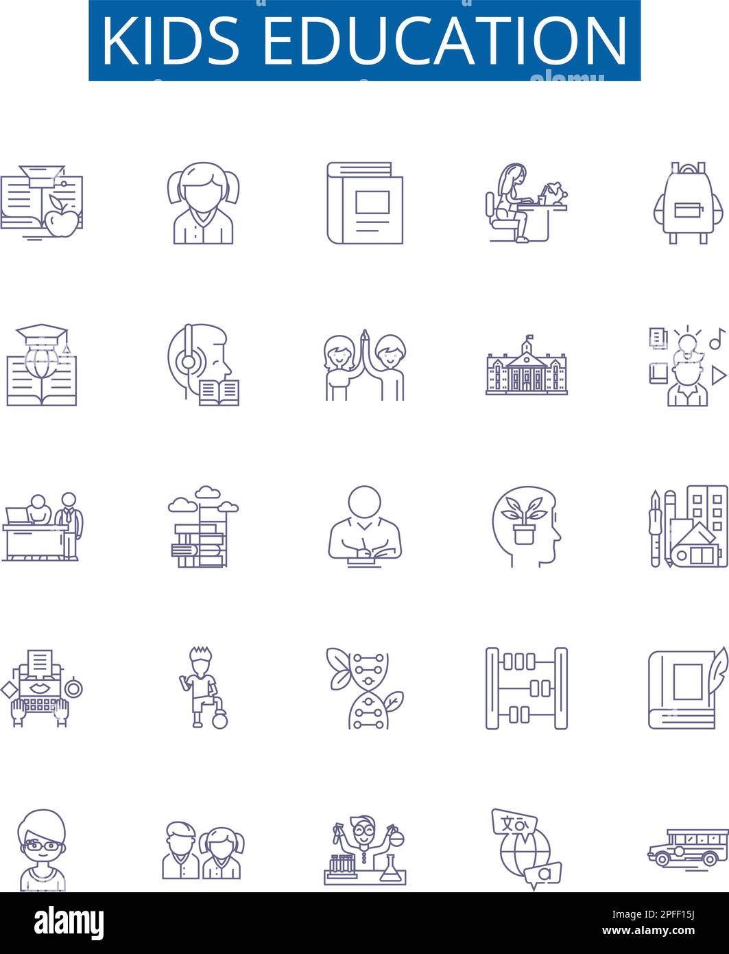 Kinder Bildungs-Symbol Symbole Zeichen gesetzt. Designkollektion von Kindheit, Lernen, Lehren, Wachstum, Entwicklung, Grundriss zu Wissen, Lehrplan, Ausbildung Stock Vektor