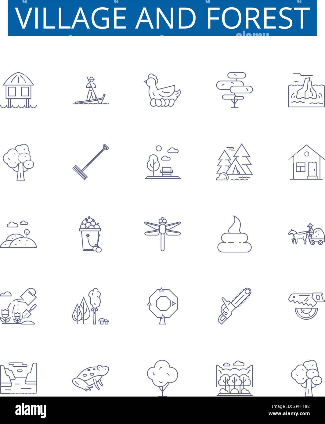 Schilder für Dorf- und Waldlinien sind eingerichtet. Design-Sammlung von Village, Forest, Rural, Landscape, Nature, Bäume, Wiesen, Farmen bilden den Konzeptvektor Stock Vektor