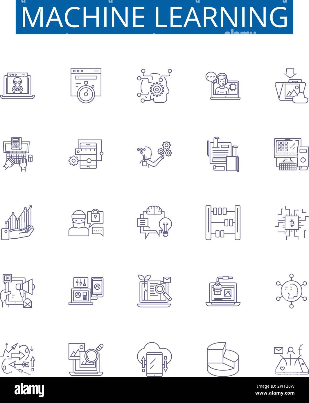 Symbole für maschinelle Lernspur sind eingestellt. Designkollektion aus Machine, Learning, Artificial, Intelligence, Neural, Netzwerke, Algorithmen, Vorhersagen Stock Vektor