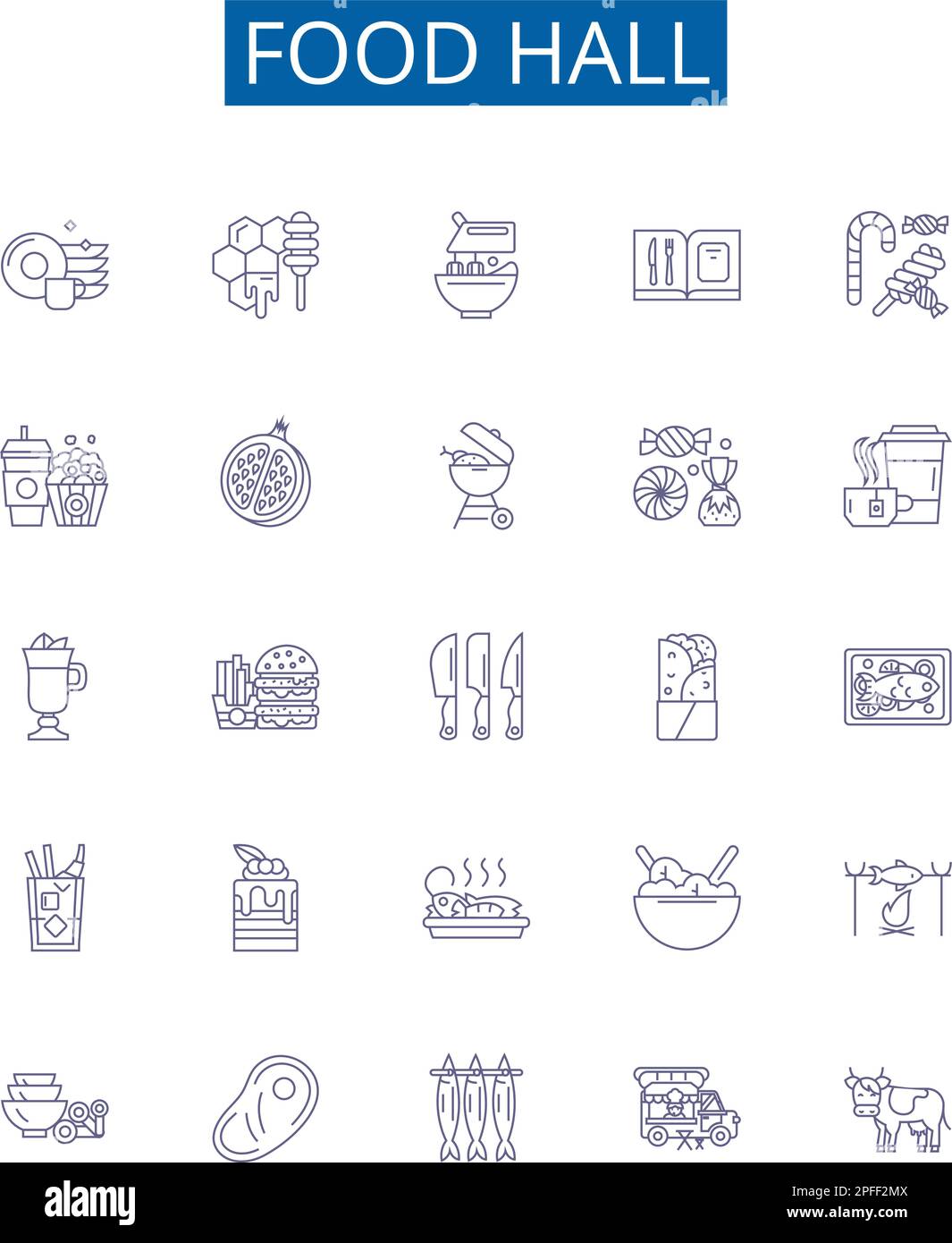 Die Symbole der Essenshalle sind eingezeichnet. Designkollektion von Cafeteria, Delikatessen, Restaurant, Bistro, Eatery, Stall, Küche, Feinkost-Konzept-Vektor Stock Vektor