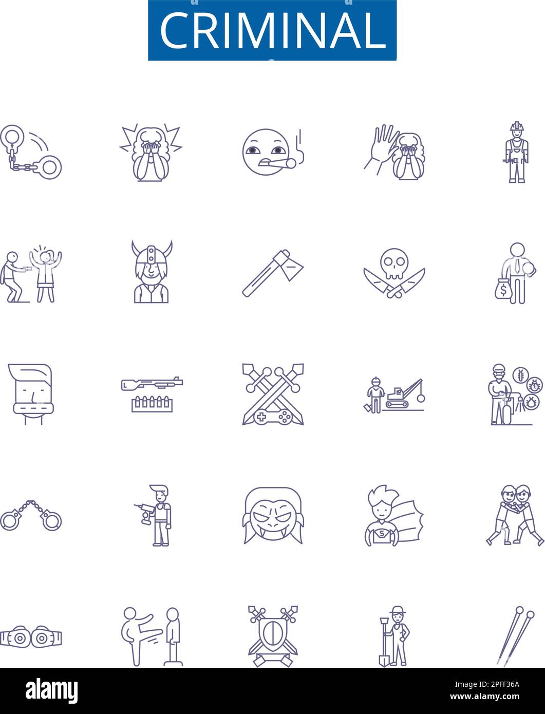 Symbole für kriminelle Linien sind gesetzt. Sammlung von Gesetzesbrechern, Verbrechern, Straftätern, Straftätern, Sträflingskräften, Schuldige, Schurke, krimineller Grundbegriff Vektor Stock Vektor