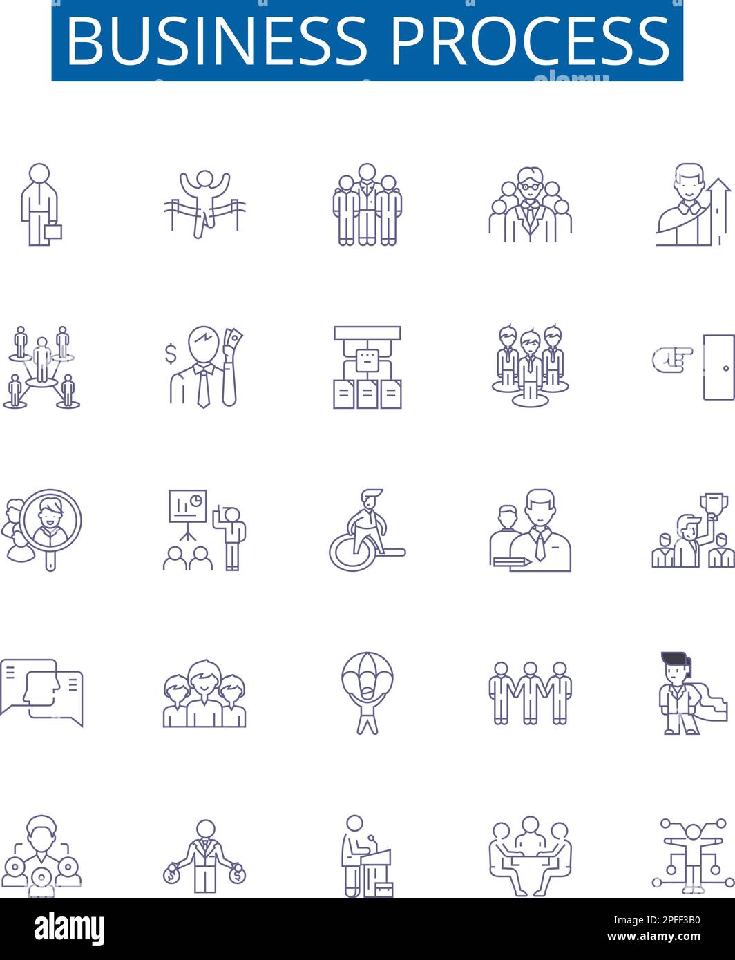 Symbole für Geschäftsprozesszeilen sind gesetzt. Designsammlung aus Finanzen, Produktion, Management, Outsourcing, Automatisierung, Compliance, Planung, Logistik Stock Vektor