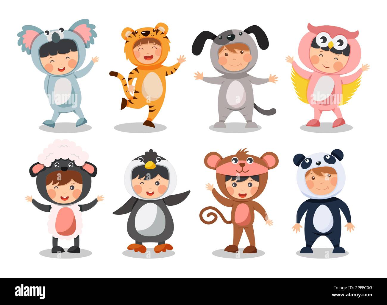 Eine Gruppe glücklicher Kinder trägt Tierkostüme. Koalabär Tigerhund Eulenschaf Pinguin Affenpanda. Flaches Cartoon-Design . Vector . Stock Vektor