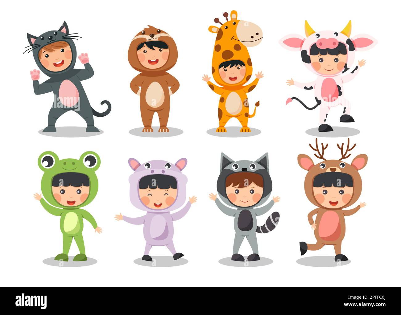 Eine Gruppe glücklicher Kinder trägt Tierkostüme. Katzenfaulbär Giraffe Kuhfrosch Hippopotamus Raccoon Deer . Flaches Cartoon-Design . Vektor Stock Vektor