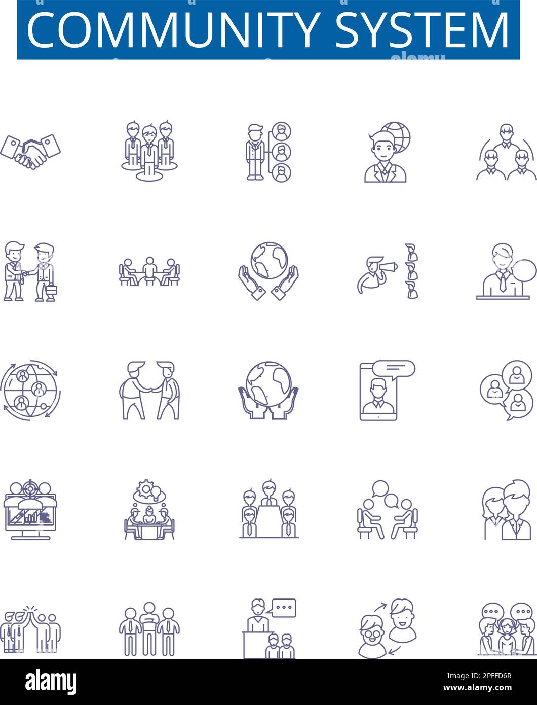 Symbole für das Community-System sind festgelegt. Design-Sammlung von Social, Network, Relationships, Platform, Connections, Interaktion, Unterstützung, Teilnahme Stock Vektor