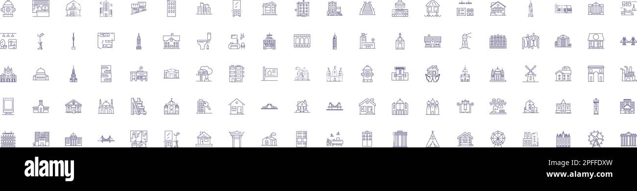 Symbole für die Stadtbaulinien sind eingerichtet. Design-Sammlung von Urban, Wohnungen, Wohnungen, Wohnungen, Wohnungen, Wohnungen, wohnungen, Stadthäuser, komplexe umreißen das Konzept Stock Vektor