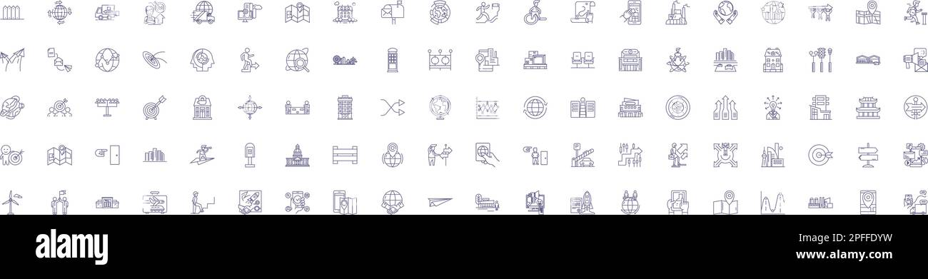 Stadt Orte Liniensymbole Zeichen gesetzt. Design-Sammlung von Town, Metropolis, Village, Borough, Settlement, Vorort, Plaza, Avenida-Konturenkonzept-Vektor Stock Vektor