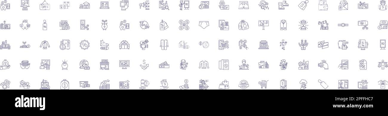 Symbole für Bekleidungsverkäufe sind eingerichtet. Design-Kollektion aus Bekleidung, Verkauf, Mode, Boutique, Bekleidung, Konzipvektor für Bekleidung, Outfit, Einzelhandel Stock Vektor