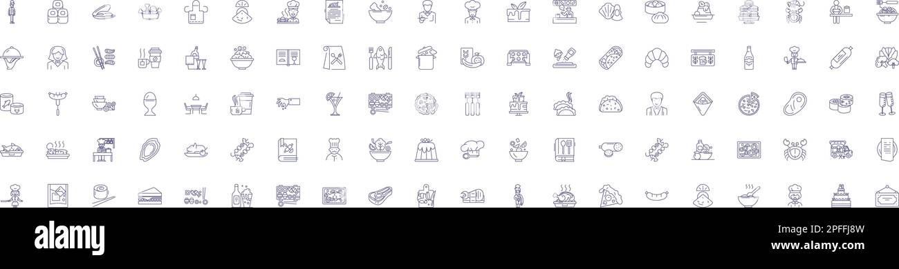 Symbole für die Gastronomiebranche sind gesetzt. Designkollektion mit Speisen, Getränken, Küche, Catering, Snacks, Bars, Restaurants Stock Vektor