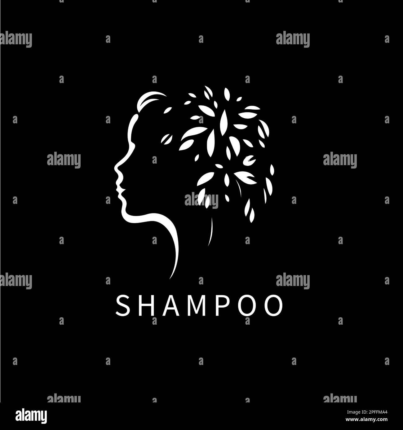 Schwarz-weiße Silhouette eines jungen Mädchens, Profilsymbol mit Blättern, modernes Logo für Kosmetikmarken, Haarpflegeprodukte, Schönheitssalon Stock Vektor
