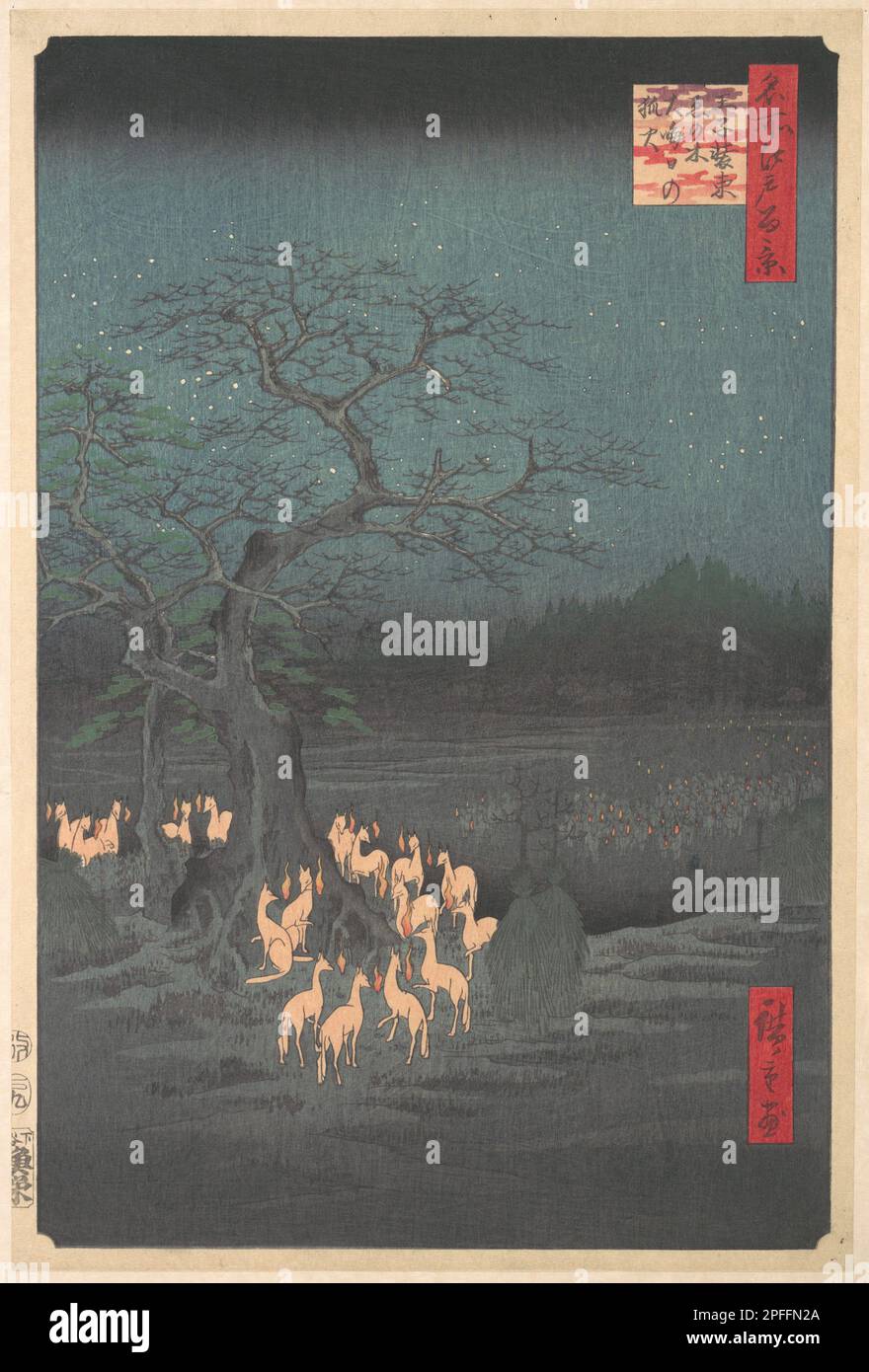 Shozokuenoki Tree at Oji Fox–Fires on Silvester, aus der Serie einhundert berühmte Ausblicke auf Edo (Meisho Edo hyakkei), Künstler Utagawa Hiroshige (1797–1858), Datum 1857 Stockfoto